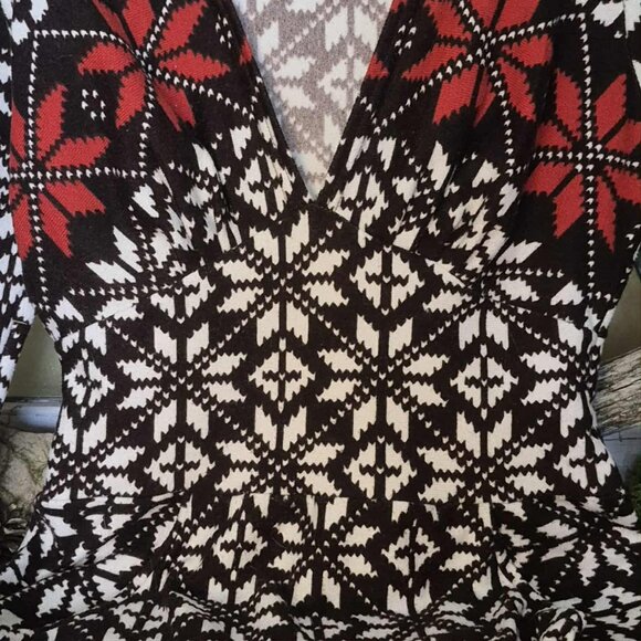 🍄 50% OFF - Scandinavian Floral Print Knit Midi Fitted Dress Cream Brown Orange - Picture 9 of 15